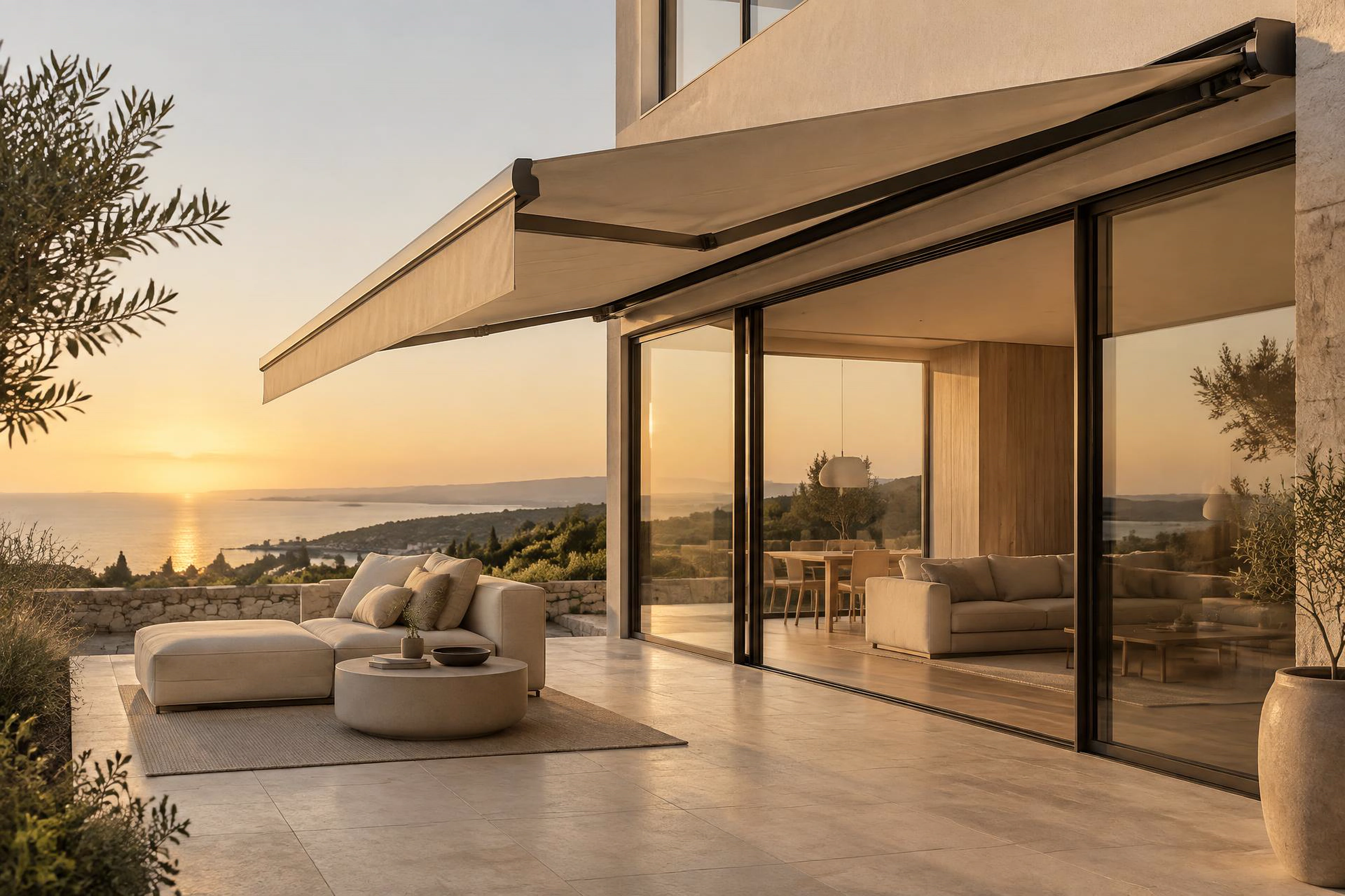 Maison contemporaine aux grandes baies vitrées, store extérieur déployé au-dessus d'une terrasse en lumière naturelle